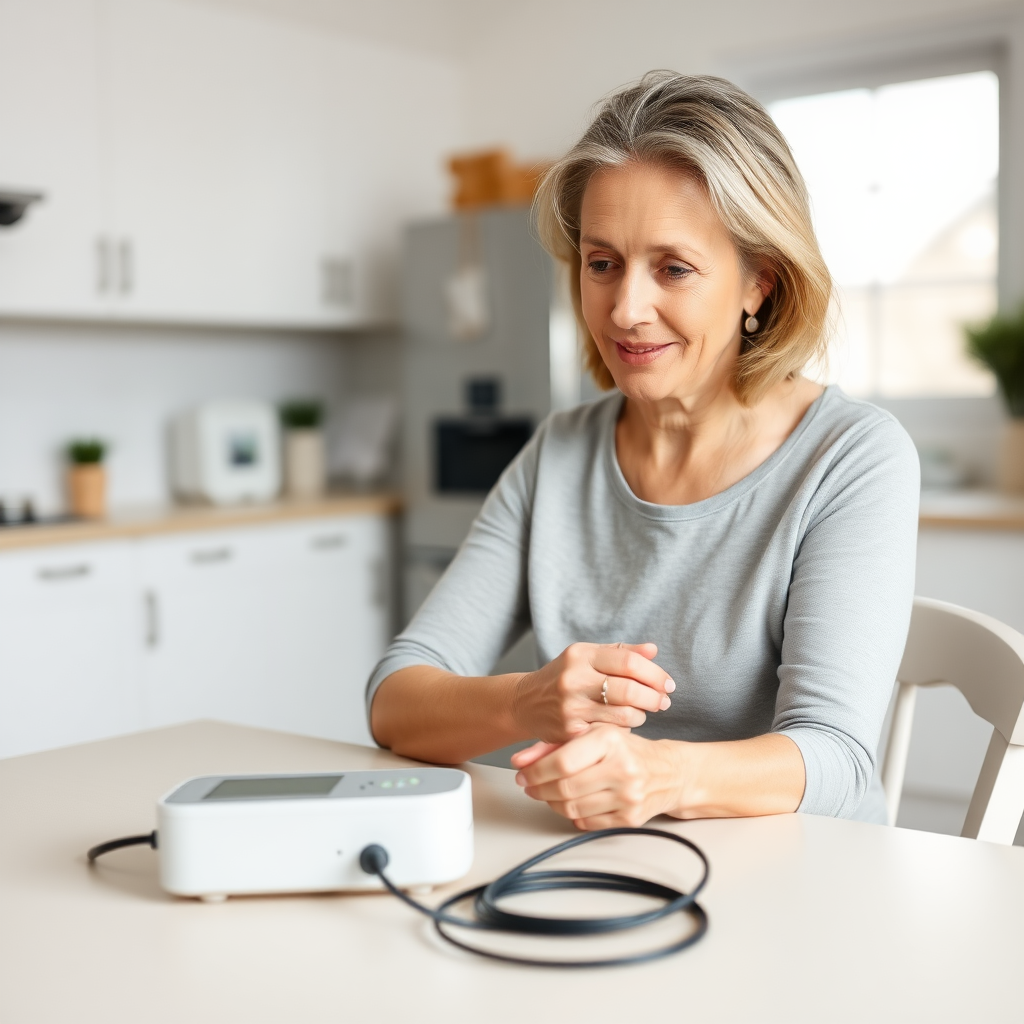 A middle aged Caucasian woman sitting at her kitchen table checking her blood pressure with a cuff BP machine. Her home is clean and uncluttered and minimalist.