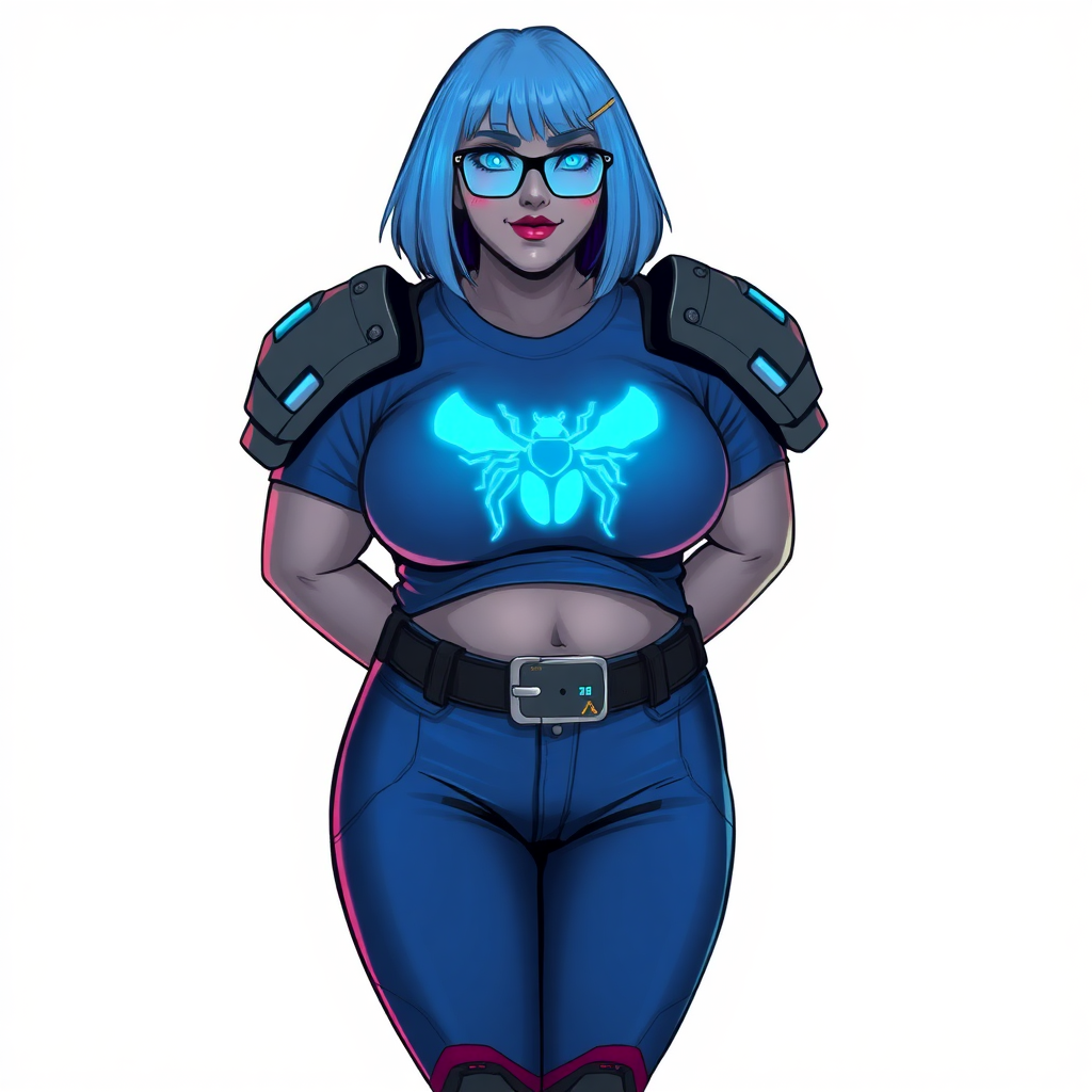 A 28-year-old, full-figured, middle gray skinned computer program hybrid with a maximum blue bob cut. She has a non-athletic build, highlighted by a prominent, round, large midsection (with emphasis on her belly), which shows the aftermath of her pampering. As the heavily pampered digital sidekick to her cyberpunk vigilante boyfriend, her middle gray metallic skin and maximum blue lipstick emphasize her digital nature. She wears a digital, computerized costume consisting of a huge, tight-fitting, maximum blue t-shirt with a neon blue glowing chest icon of a beetle, hi-tech shoulder pads with neon blue accents, a black hi-tech belt with a digital neon blue glowing buckle, digital maximum blue biker pants with neon blue accents, and black hi-tech fingerless biker gloves with neon blue glowing accents. Her neon blue glowing eyes, black eyeglasses with a neon blue glowing HUD built in its lenses, and shy smile with neon red blush accentuate her nerdiness. She stands bashfully with her hands behind her back, her costume covering all her skin and emphasizing her full-figured physique (especially her belly). She is clearly non-athletic, with a focus on her full-figured physique. Despite her build, she radiates beauty. She has a slim face compared to her physique, accentuating her radiant beauty. She is on a solid white background. She is drawn as if she was in a retro 2D cyberpunk fighting game.