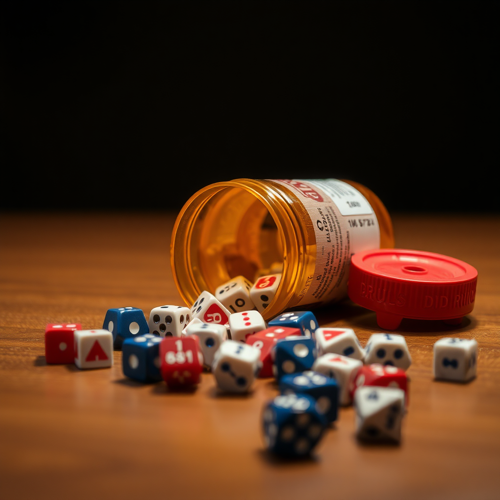 A pill bottle spilling D&D dice across a table, looks like a drug warning