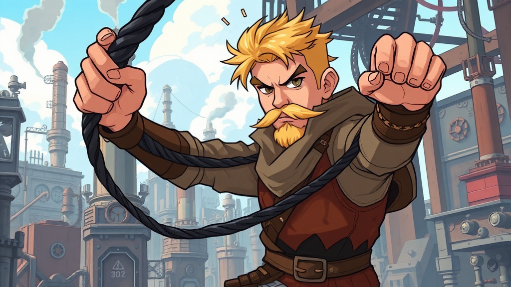 Concept art for an RPG class: Steelbreaker. A blond-haired, mustached earthbender in rogue-like attire bends an iron whip from a dark steel pipe. He has a focused expression and a tense posture as the dark iron whip lashes aggressively in the air. The background shows a steampunk medieval fantasy city during the day, in a factory setting filled with machines and steel beams. The scene is dynamic, filled with impulsive movement and energy. Rendered in a modern cartoon style like 'Avatar,' with thick black outlines, flat colors, and detailed lighting and shading.