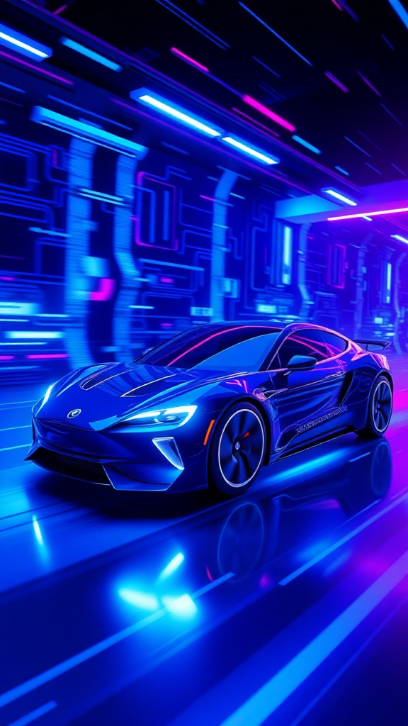 Make a realistic 3D rendering of an electric car racing in cyberspace. Make the background cyber-like and the "electric sparks" look luxurious. Make the overall color dark blue and draw it with a neon sign feel.