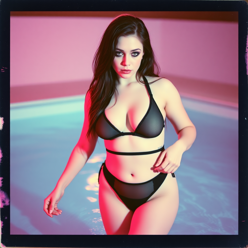 Old Polaroid photo with heavy vignetting and pink and blue artistic studio lighting color tint and light leak, depicting a sexy curvy thicc pale white alt goth girl with eye makeup untying her tiny revealing black see-through bikini g-string thong, standing in a pool.