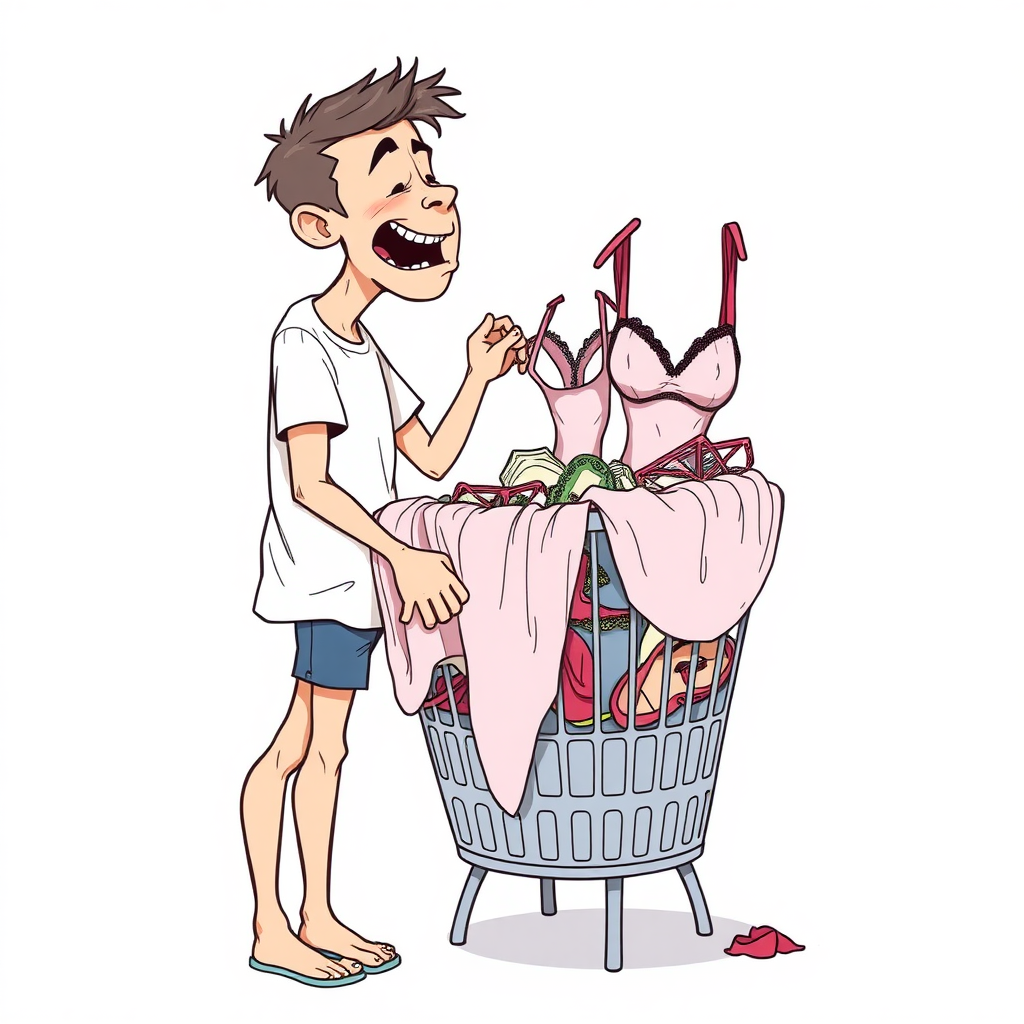 nervous short 20 year old european skinny man, short white t-shirt, standing, stunned, mesmerized, joyful, heavy drooling, fumbling through a dirty laundry basket full of sexy woman stained lingerie, detailed fabric, side view, shoes, detailed feet, 2D, caricature, cartoon, Sketch lines, coloring book, coloring book,