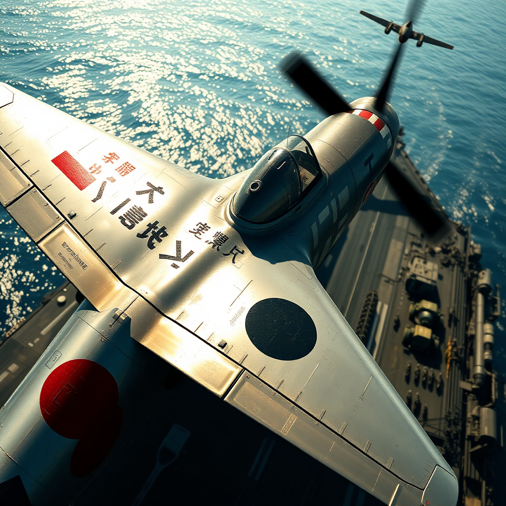 During World War II, a Japanese Zero fighter with unique markings is preparing to take off on a huge aircraft carrier, the fuselage shining with metallic luster, the pilot looking nervous, the aircraft carrier deck busy and noisy, realistic style, strong sunlight, top light, close-up perspective