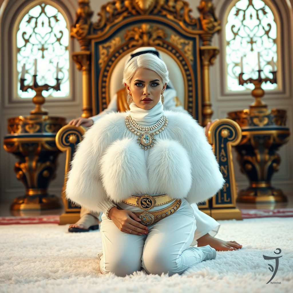 Kuwait desert palace throne room, old overweight mighty sheik sitting on throne. In front of throne, kneeling on white fluffy carpet: Melissa, European 17 years old very convincing femboy “trophy-bimbo”, tamed servile docile, rather short, by hormones very curvaceous womanly figured, platinum blond short tight curls, heavily made-up eyes, wearing Supertanya-style fluffy very fuzzy bright white angora turtleneck-poncho cropped ending under bust decorated with pearls and gemstones, striking oriental wide gold bridal protection belt, white fully transparent harem pants, full Oriental bridal jewelry, white sheer full Burka, coin anklets, striking diamond “$$$” letter brooch on left chest, pout frustrated, hands tied behind back, looking at camera. Focus on face and turtleneck-poncho.