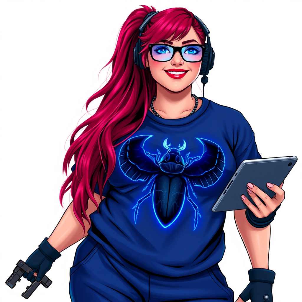 A cyberpunk vigilante’s full-figured intelligent and tech-savvy 29-year-old girlfriend, who is a computer hacker and tech genius. She has a long ruby red ponytail and bright blue eyes. She wears a sapphire beetle gemstone necklace, an oversized Maximum Blue (RGB 71, 171, 204) t-shirt featuring a giant glowing neon blue chest icon of a winged beetle, and matching Maximum Blue sweatpants. She has a full-figured physique with an enormous, well-rounded midsection, reflecting her well-cared-for lifestyle. She sports a sapphire headset with a hi-tech Maximum Blue (RGB 71, 171, 204) lensed HUD visor, Maximum Blue (RGB 71, 171, 204) lipstick, black eyeglasses, and a beaming smile with a passionate bright red blush. Despite her figure and a lack of self-esteem, she radiates an air of beauty. She has an angular face which contributes to her radiant beauty. She serves as his tech expert from his hideout, holding a holographic tablet and a hi-tech tool wrench. The background is solid white. She is drawn as if she was in a retro 2D cyberpunk fighting game. Make sure her outfit covers all her bare skin (especially her enormous midsection).