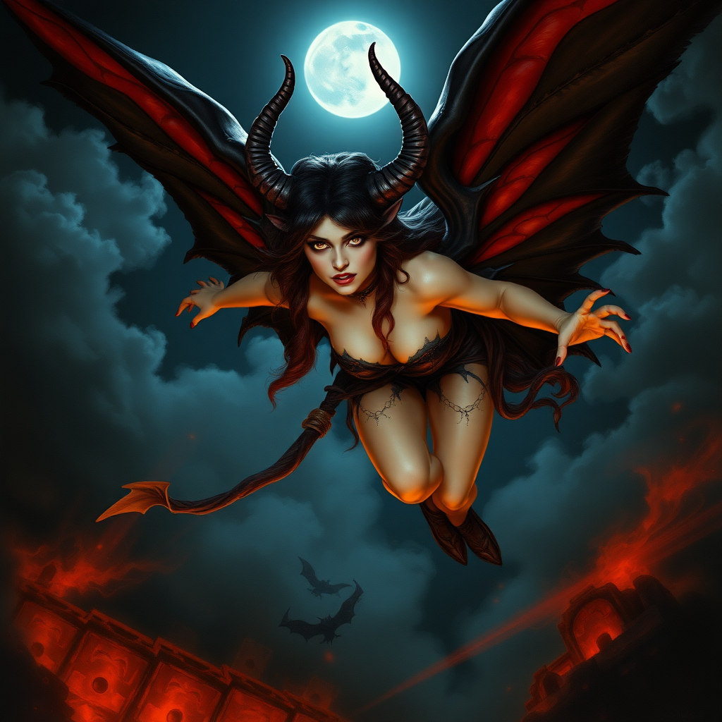 A beautiful winged succubus staring wickedly; her outfit is designed to entice. She's flying high in a dark, moonlit sky. The wicked scene is dark and spooky with the art styling of Brian Froud. Cosplayed by a young, vicious Drew Barrymore.