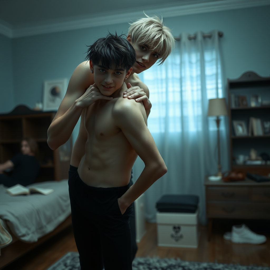 photorealistic, ultra high resolution, 16K, surreal fantasy, studio lighting, a pretty 16 year old goth male, slim male physique, short blonde hair, goth makeup, earrings, pantyhose, white ballet shoes, playing with dark haired his 16 year old boyfriend in the bedroom - he is bending forward, while the boyfriend stands up behind him and rests his hands on the boys shoulders, excited smile, facing the camera.