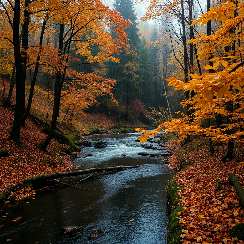 Autumn with foliage in the woods with a river, with rain.