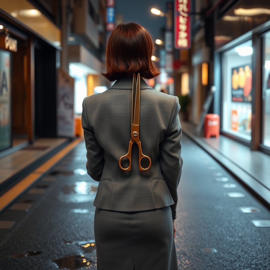 the back of a young Japanese businesswoman. She holds a pair of long scissors at her side. The scissors are pointed towards the ground. She wears a grey blazer and a grey skirt and faces the camera. The lights from the shops in the alleyway glint off of the scissors. The lights from the shops in the alleyway are reflected in the rain puddles scattered on the asphalt of the ground. It is late at night.