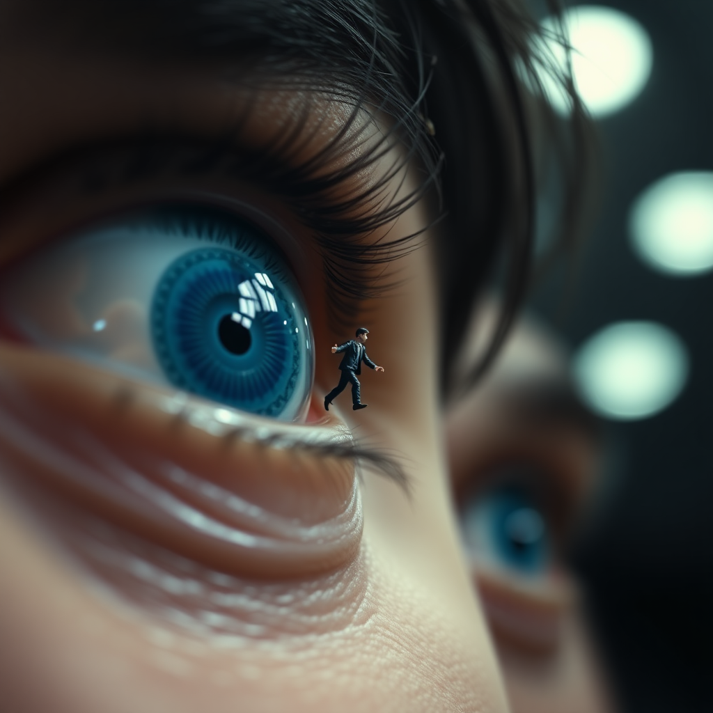 A close-up of eyes with lenses, with clear skin texture visible. The eye lens have traditional blue and white design with a miniature man, trying to jump inside the lens looking like well. The composition emphasizes the eyes and its design, dark backdrop, with focused lights, looking up.