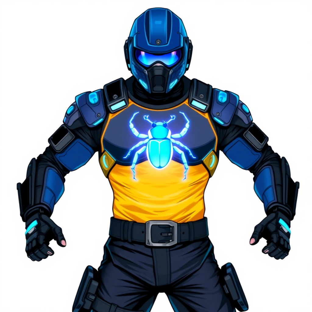 A 28-year-old cyberpunk vigilante stands heroically, clad in high-tech, maximum blue body armor featuring a neon blue glowing beetle on the chest. They wear black biker pants, a black belt with a sapphire beetle buckle, and a head covering helmet resembling a sleek, tactical design, but colored maximum blue with neon blue glowing lenses. Their hands are protected by black metal gloves, all set against a solid white background. He is drawn as if he was in a retro 2D cyberpunk fighting game.