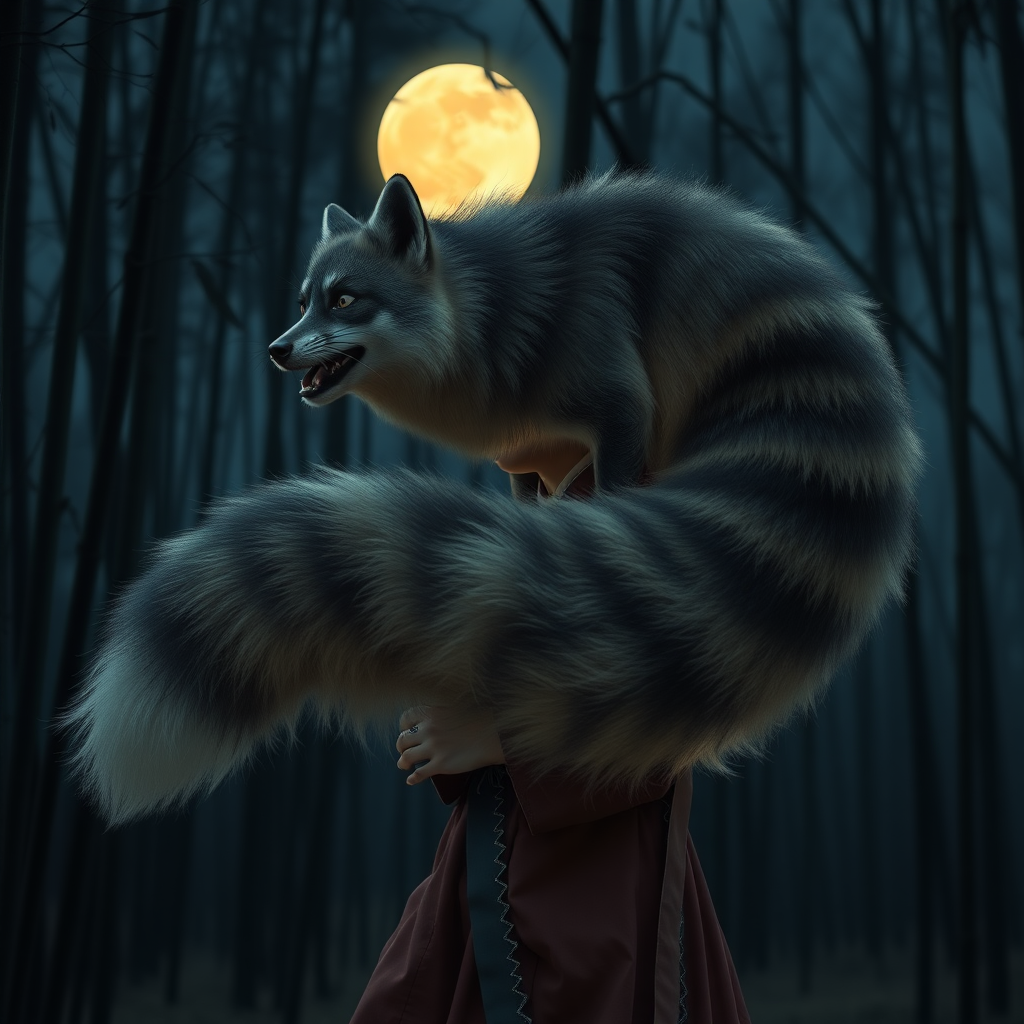 A Korean eerie-looking Woman in an ancient Hanbok transforms into a nine-tail-fox in front of the full moon in a bamboo forest.