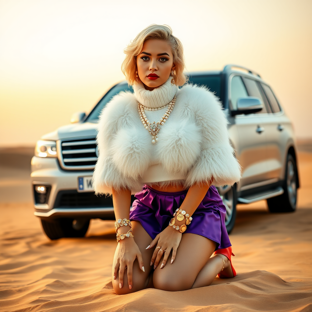 Kuwait desert dunes misty dawn, full size luxury SUV: Melissa, European 17 years old very convincing femboy “trophy-bimbo”, tamed servile docile, very beautiful feminine flawless face, rather short, by hormones very curvaceous womanly figured, platinum blond short tight curls, bold red lips, long white French nails, heavily made-up face, wearing Supertanya-style fluffy very fuzzy bright white angora turtleneck-poncho cropped ending under bust decorated with pearls and glass stones, very tight purple vinyl mini pleated skirt, bright red pumps with golden very high heels, white pearl belly piercing, full Oriental bridal jewelry including headpiece, nose-ring, coin wristlets, coin anklets, striking diamond “Bimbo” letter brooch on left chest, thick heavy pearl wristlets, pearl anklets, pout frustrated, kneeling in sand in front of SUV, looking at camera. Focus on face and turtleneck-poncho.