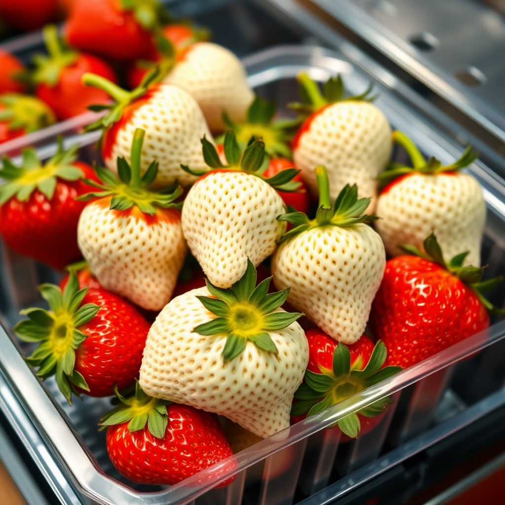 tropical bliss strawberries white strawberries in a plastic container