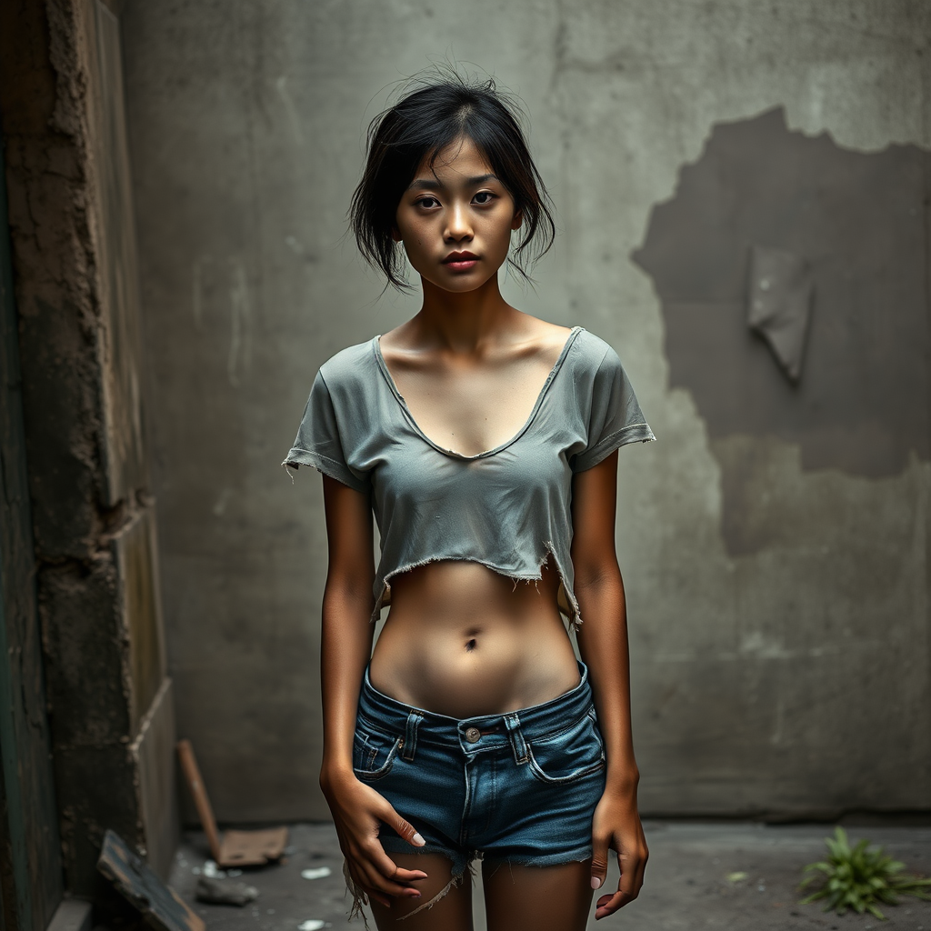 A young, unkempt, neglected, homeless, unhygienic Asian woman, who seems not to belong to this world, is portrayed as a complete person with the maximum allowable dirty skin. She is largely erotic, yet with an indescribably sad and extremely mystical expression on her face. Her skin is healthy but black, as she has not been able to wash for days. The Asian woman wears a torn, old, completely transparent, extremely short, and crop top shirt and a completely torn, ragged, old short panty. An extremely noticeable sense of shame is evident on her face. She is profoundly ashamed. Her small and unremarkable navel is always visible. The Asian woman has a very beautiful, normal, youthful, and yet feminine body shape. Her slim figure is enviable! She has a noticeable wound on her face and looks as if she is about to cry. She appears miserable, sad, and totally hopeless! It seems as though she is afraid of something! In front of her stands a 60-year-old German man. The German man, still looking youthful and well-groomed, gazes at the Asian woman as if he is about to offer her help. The German man is shaved and slim, has a normal fashionable haircut, and his hair is dark brown. He wears a new, nice, but simple burgundy shirt with a subtle pattern and new dark blue jeans. The German man looks sympathetic, smiles slightly, and looks at the Asian woman kindly, as if he feels great pity for her. The Asian woman cannot look the German man in the eyes out of shame, but it is evident that she likes him.