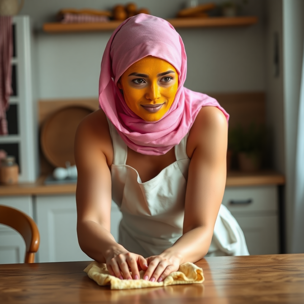 slim, 30 year old, sexy, french maid, pink scarf head, turmeric face pack. She is cleaning a table with a cloth