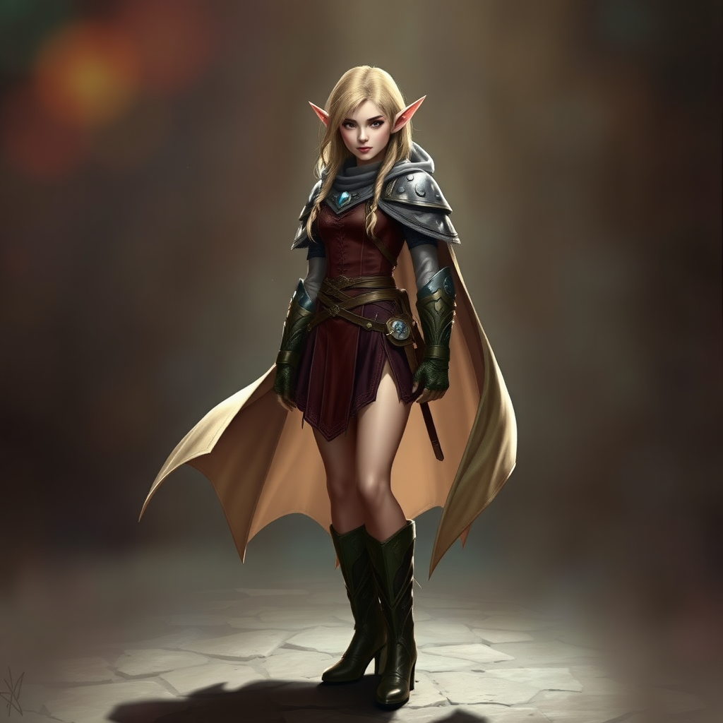 A twenty-something elf girl like (Deedlit from Record of Lodoss War), a character come to life. Wide triangular shoulder pads, flowing cloak, leather armor, skirt, high heel ankle boots. Photorealistic digital matte painting, highly detailed, film grain, lens flare, chromatic aberration.