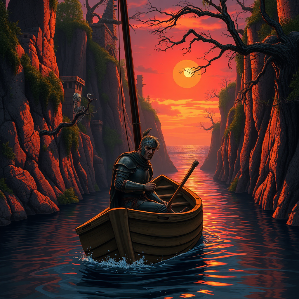 A solitary, wounded knight, clad in battered armor, sits slumped against the mast of a small wooden boat, his face etched with pain and weariness. The boat navigates a narrow river, its waters reflecting the fiery hues of a mystical sunset. Imposing cliffs rise on either side, their rugged faces adorned with crumbling ruins and mossy rock bridges, draped in thick vines and foliage. The remains of ancient warriors, their skeletons adorned with rusted armor, hang from the branches of gnarled trees, casting long shadows across the water. The sun, a crimson orb, hangs heavy in the sky, casting a warm glow on the scene, while the sky above is ablaze with hues of purple, crimson, and gold. The knight's weary gaze focuses on the distant horizon, a glimmer of hope amidst the desolation. the river leads to the ocean in the background