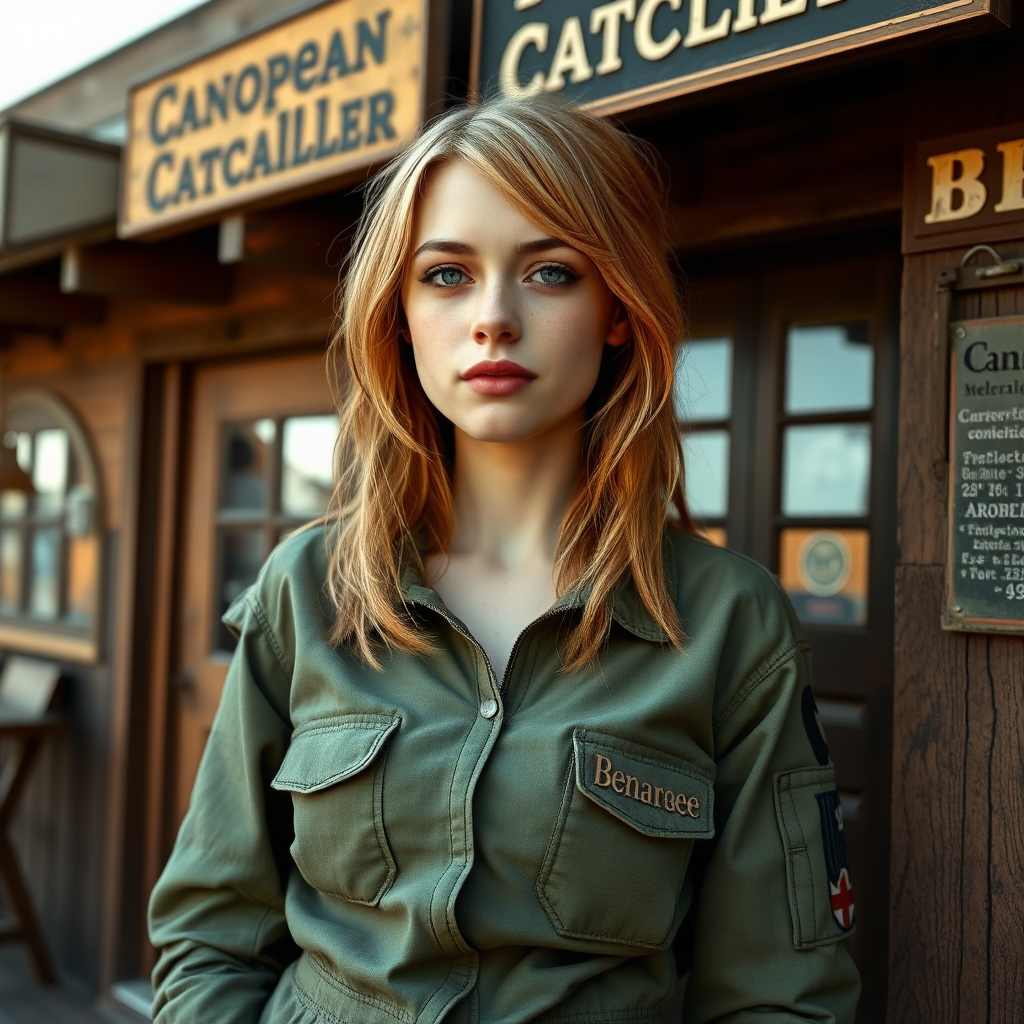 A twenty-something girl resembling Ana de Armas, strawberry blonde hair, small chest, pale skin, freckles, eyeshadow like Avril Lavigne. Wearing a military flightsuit with "Benaenae" on the pocket. Leaning against the wall in front of a bar in a science fiction western town. Sign with the words "Canopean Catcaller" above the door.