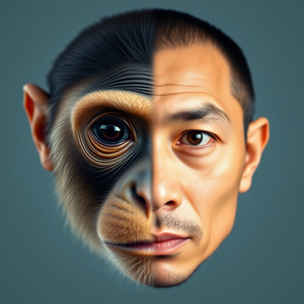 Face forward.  
Left side of a monkey's face and right side the face of a man.  
Two faces in one.