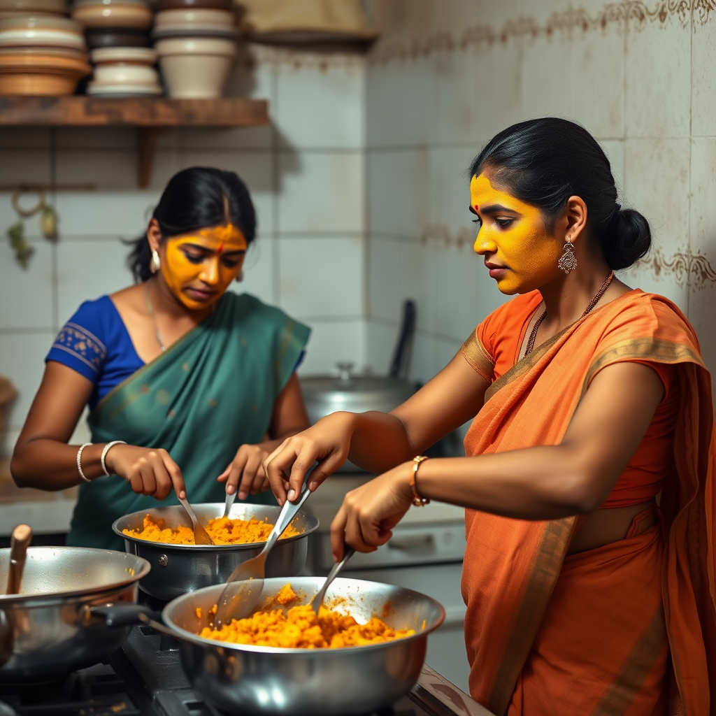 2 slim, 30-year-old Indian maids. They are cooking food in the kitchen. Their faces are covered with turmeric face mask.