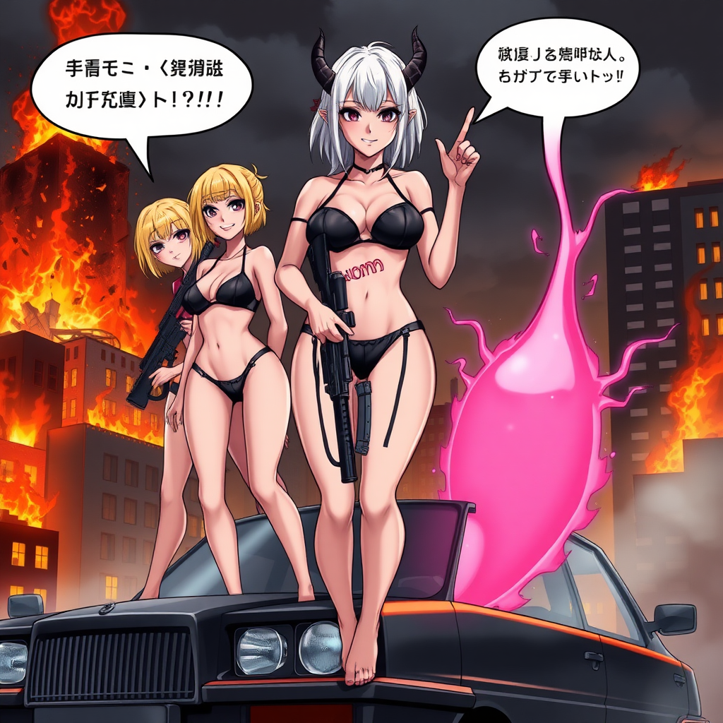 Anime, city on fire background, 3 mischievous tall-slender demon women, short blond hair, wearing sexy-micro bikini-bra-like clothing, micro g-string bikini, Womb tattoo on belly, mischievous wicked smile, large breasts, full body, long legs, looking at viewer, speech bubble with a burning city, holding rifle, a building crumbling and exploding, 1 women has long-white hair an is standing on top of car with 2 middle fingers, a pink vagina-shaped portal opened