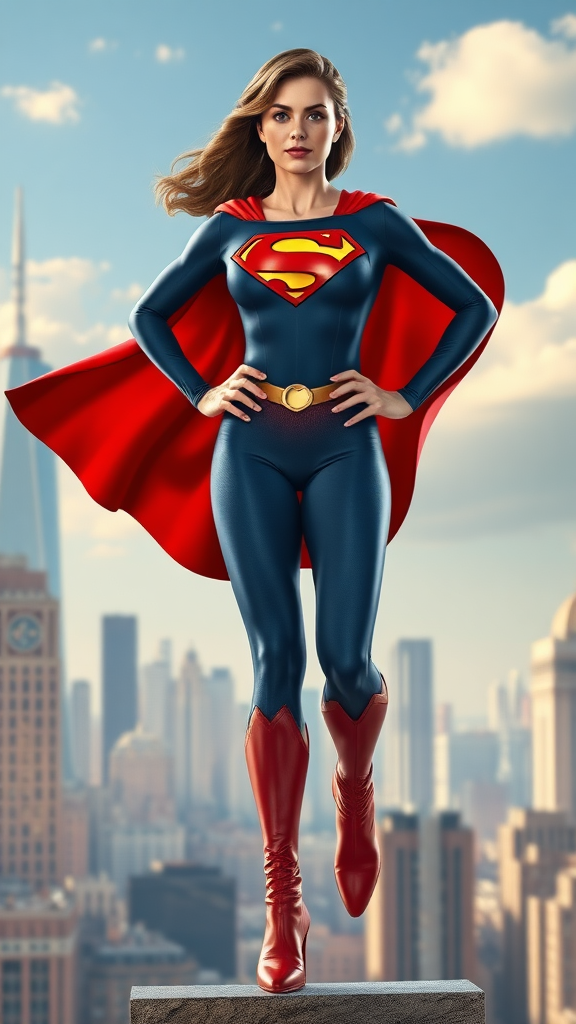 Full-length render: Superman reimagined as female using Elastigirl's body shape. Preserve Superman's iconic head, hairstyle, facial features. Adapt classic costume to fit feminine form while maintaining essence. Blend Metropolis skyline and Incredibles' retro-futuristic cityscape for background. Show dynamic pose highlighting elasticity powers merged superhuman strength. Emphasize flowing cape, 'S' emblem, red boots. Include subtle nods to both universes: Daily Planet building, Syndrome's zero-point energy. Vibrant colors, heroic lighting. Seamless fusion of characters in action-ready stance.