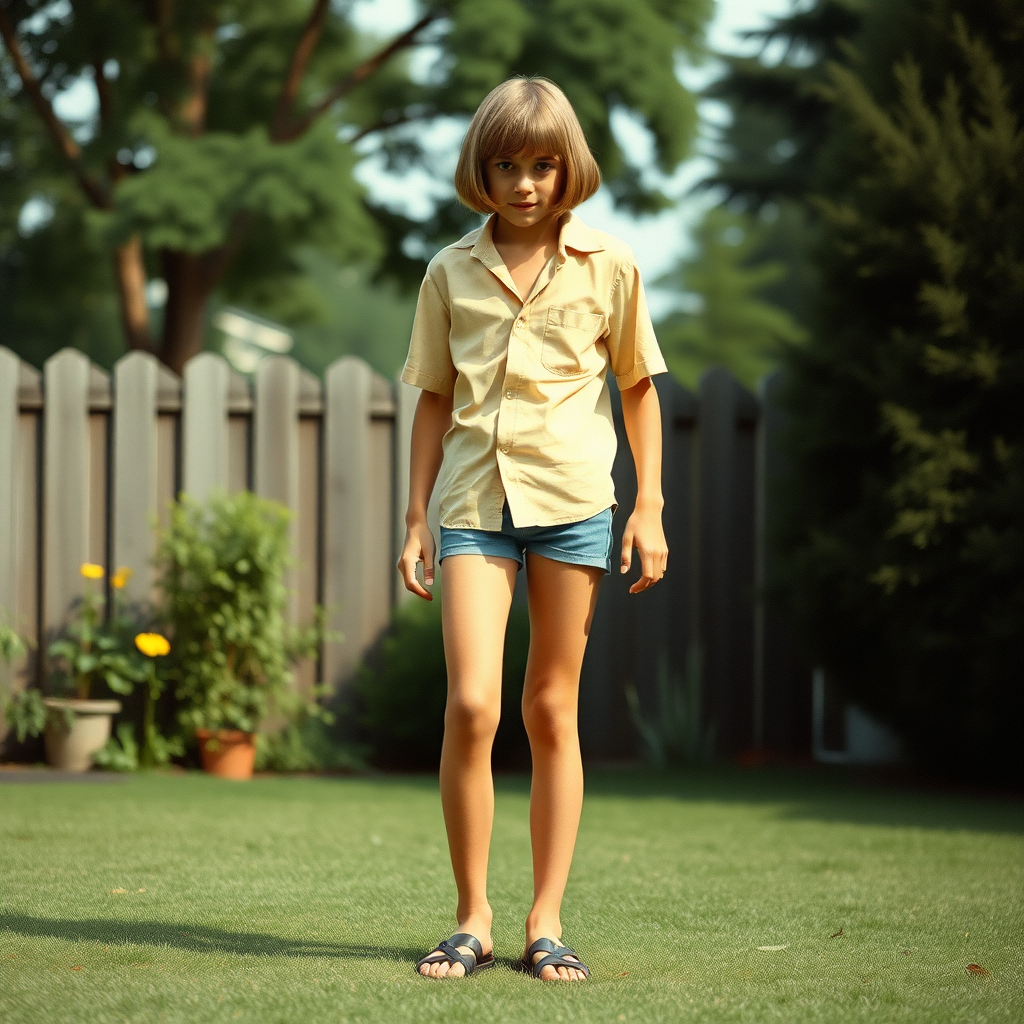 tall 14yo teen boy, long hair bob cut, wearing shirt and very tight booty shorts, long legs, narrow thighs, full-length front view. 1970s. Playing at backyard. photorealistic, ultra high resolution, 16K, Negative: grainy, blurry, bad anatomy, extra limbs, watermark.