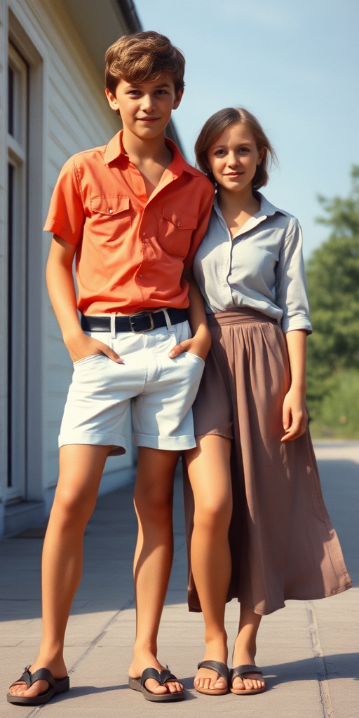 Vintage photo, 1980s. Hot summer. Germany. A tall skinny 13yo teen boy wearing short shirt, tight booty shorts, long legs, bare thighs. With a girl wearing shirt, long skirt. Full length view.