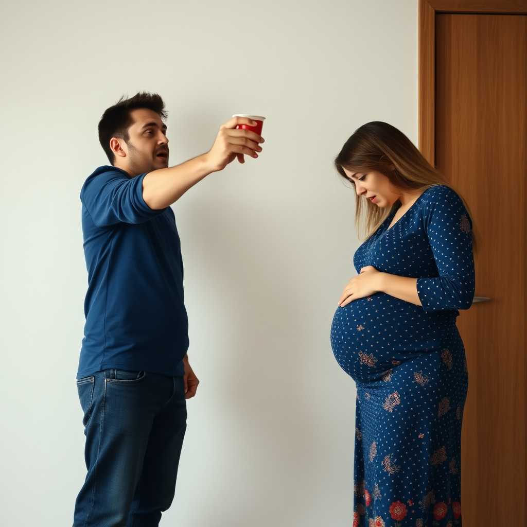 A young white man throwing a rice cup at the wall, while his pregnant wife cowers in fear.