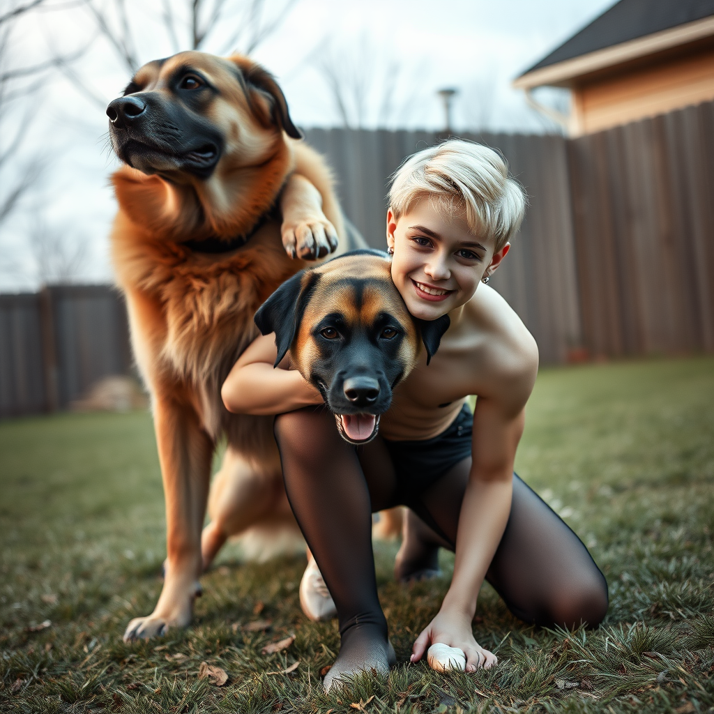 photorealistic, ultra high resolution, 16K, surreal fantasy, studio lighting, a pretty 16 year old goth male, slim male physique, short blonde hair, goth makeup, earrings, pantyhose, white ballet shoes, playing with his large dog in the yard - he is kneeling forward, while the dog stands up behind him and rests its paws on the boy's shoulders, excited smile, facing the camera.