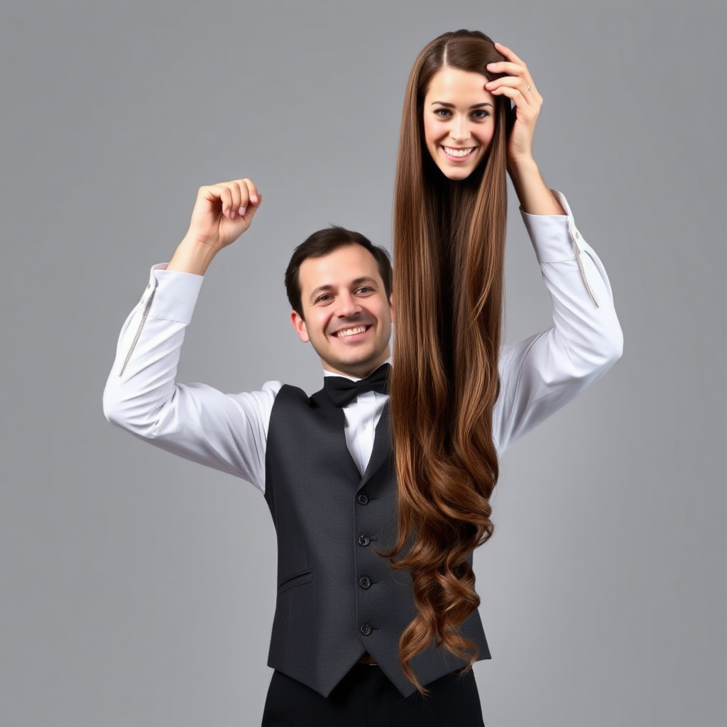 A surreal image of a smiling male magician holding up the disembodied head of a very long haired Kate Middleton. He is grabbing her very long hair and pulling it up high in the air, while her head is hanging by her hair from his grasp to display it to the camera. Plain gray background.