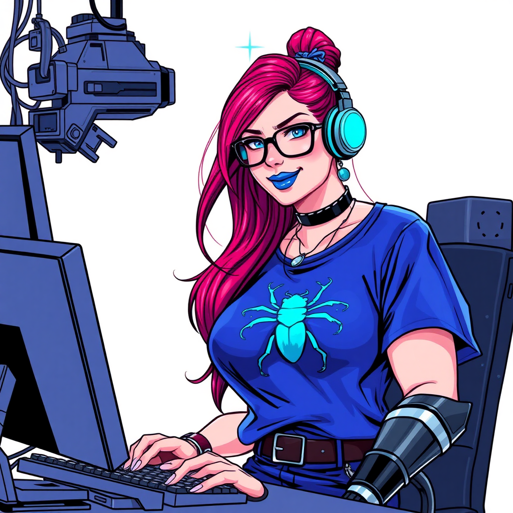 A cyberpunk vigilante’s full-figured intelligent and tech-savvy 29-year-old girlfriend, who is a computer hacker and tech genius. She has a long ruby red ponytail. She wears maximum blue lipstick, bright blue eyes, a sapphire beetle gemstone necklace, sapphire earrings, black eyeglasses, hi-tech metal arm armor, and an oversized maximum blue t-shirt featuring a blue sapphire gemstone crusted beetle chest icon. She has a full-figured physique with a prominent, large, round midsection, reflecting her well-cared-for lifestyle. She sports a sapphire headset with a hi-tech maximum turquoise lensed HUD, and a shy smile with a neon red blush. She serves as his tech expert from his hideout, diligently working at her lab table and computer desk. The background is solid white. She is drawn as if she was in a retro 2D cyberpunk fighting game.