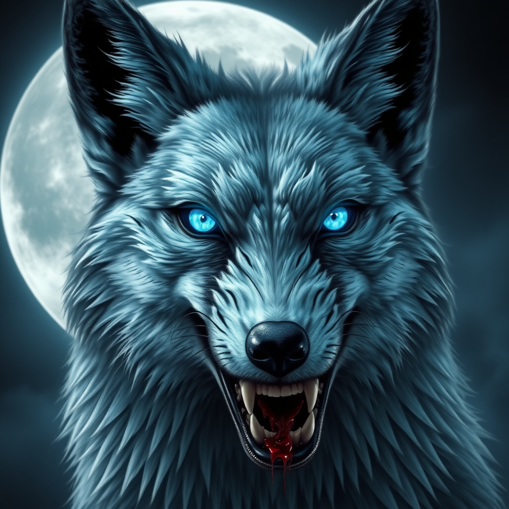 Photorealistic style ancient eerie-looking kitsune-silver fox with blue human eyes, baring teeth with blood on the fox's teeth, in front of the full moon.