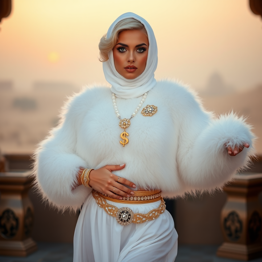 Kuwait desert palace harem patio misty dawn: Melissa, European 17 years old very convincing femboy “trophy-bimbo”, tamed servile docile, very beautiful feminine flawless face, rather short, by hormones very curvaceous womanly figured, platinum blond short tight curls, heavily made-up eyes, wearing Supertanya-style fluffy very fuzzy bright white angora turtleneck-poncho cropped ending under bust decorated with pearls and gemstones, striking oriental wide gold bridal protection belt, white fully transparent harem pants, full Oriental bridal jewelry, face covered by white sheer full Burka, coin anklets, striking diamond “$$$” letter brooch on left chest, pout frustrated, seductively dancing for the sheik, looking at camera. Focus on face and turtleneck-poncho.