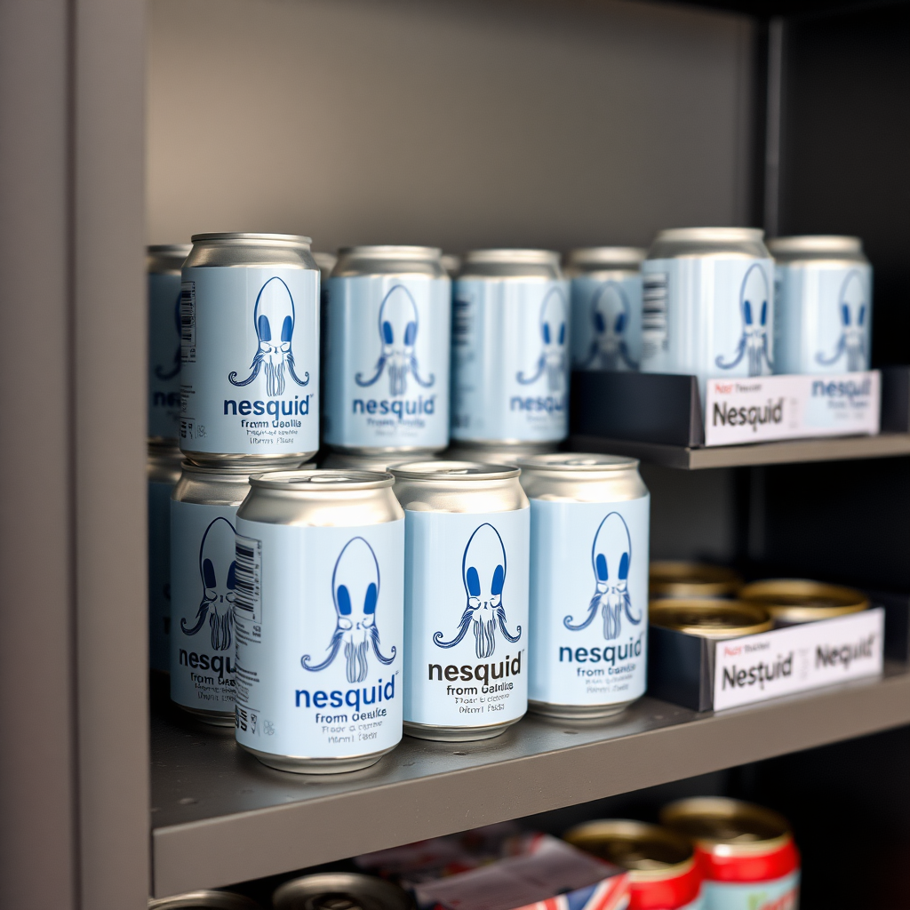 a small shelf with cans that have an image of squid on the label and text saying "nesquid from nestle"