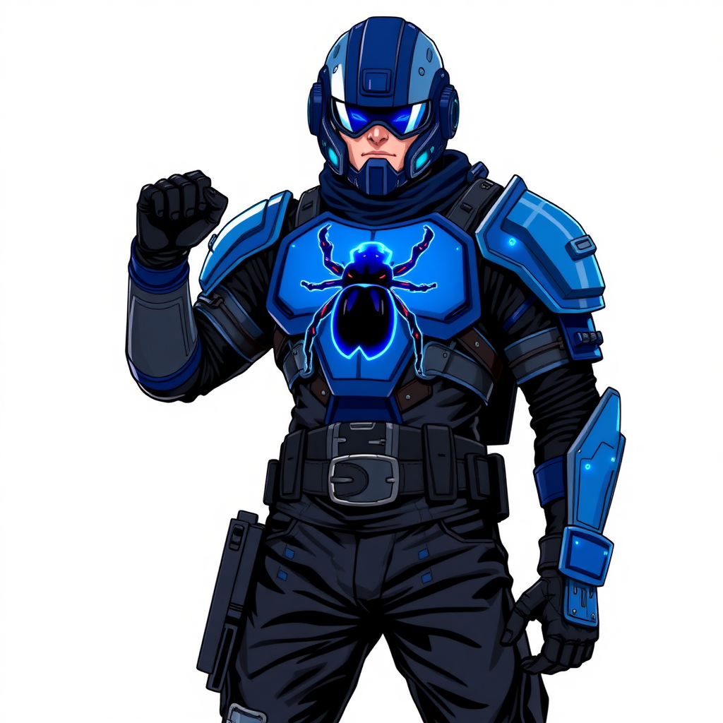 A 28-year-old cyberpunk vigilante stands heroically, clad in high-tech, maximum blue body armor featuring a neon blue glowing beetle on the chest. They wear black biker pants, a black belt with a sapphire beetle buckle, and a maximum blue head covering helmet with neon blue glowing lenses. Their hands are protected by black metal gloves, all set against a solid white background. He is drawn as if he was in a retro 2D cyberpunk fighting game.