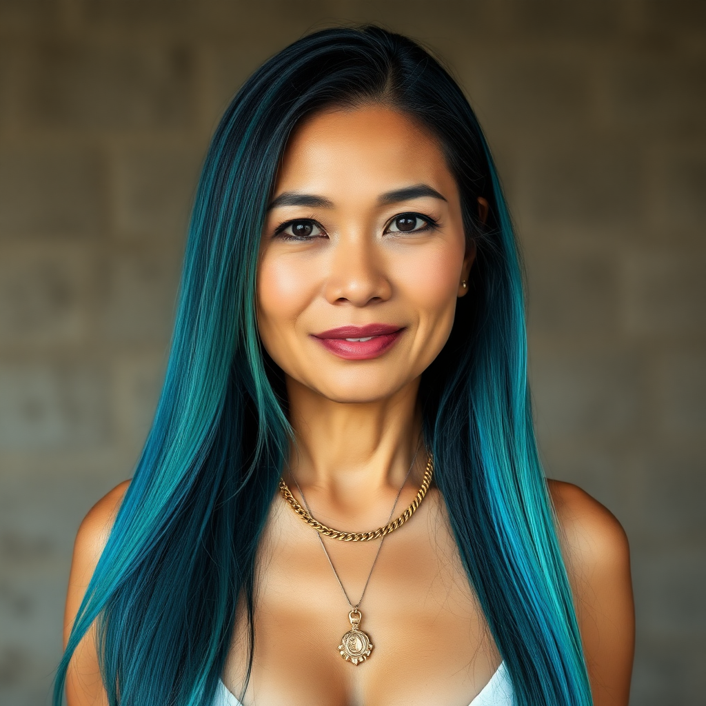 A absolutely sexy rich 50 year old Thai woman with turquoise long straight hair and a fine gold chain.