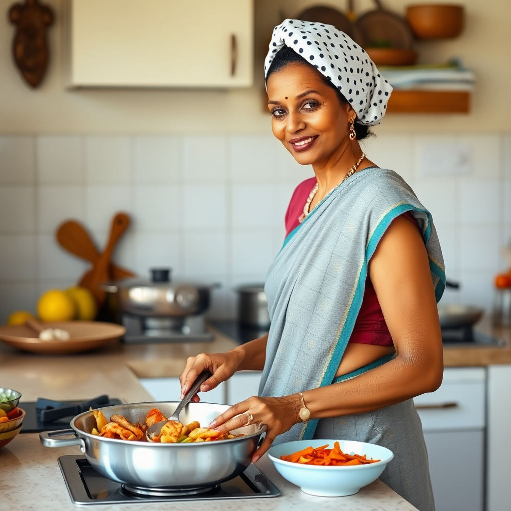 slim, 40 year old, traditional indian wife, dotted towel head, cooking food in kitchen