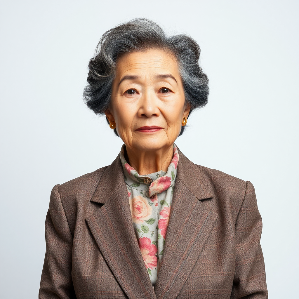 80 age old korean woman, front, woman suit, photo studio background,