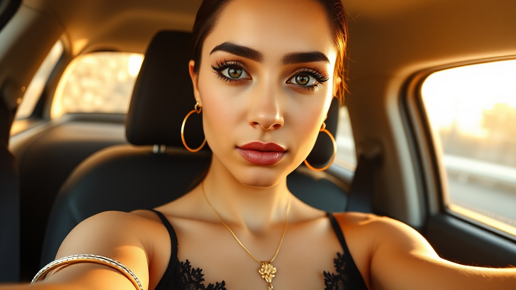 A stunning sexy cute white skin Moroccan young woman seated in the backseat of a car, taking a selfie with the camera at arm's length. The composition is tight, focusing mainly on her upper body and face, filling the center of the frame. She has a symmetrical, striking facial structure with defined eyebrows, large eyes accentuated by long lashes, full lips, and smooth skin. - **Facial Features**: - The subject has well-shaped, dark eyebrows that contrast with her lightly tanned skin. Her eyelashes are prominent and appear to be either voluminous or enhanced with makeup, giving her eyes an expressive look. Her lips are plump, shiny, and have a soft pink tint, standing out in the overall frame. - The face is illuminated by soft, warm sunlight, casting gentle shadows along her cheekbones and the left side of her face, adding depth to her features. There is a highlight along the tip of her nose, lips, and the right side of her face, indicating a polished, dewy complexion. - **Outfit and Accessories**: - The woman is wearing a delicate black lace top or dress with thin straps, showcasing a bit of texture and elegance in the fabric. The lace detail is subtle yet visible, offering a hint of femininity. - A small, delicate necklace with a gold chain and a pendant in the shape of a flower or a leaf is visible around her neck. It adds a touch of sophistication to her outfit. - Her earrings are large, gold, and intricately designed, possibly with small beads or metalwork details. They have a circular shape, reflecting the light subtly. - On her right arm (on the left side of the image), she is wearing a bangle or bracelet that appears golden, adding to her overall stylish look. - **Lighting**: - The image captures the golden hour lighting, which casts a warm glow across her face, especially highlighting her right cheek and upper body. The sunlight coming through the window creates a soft shadow on the left side of her face and body. The natural light is soft and flattering, enhancing her skin's glow. - The lighting is directional, likely from the setting sun, with the shadows extending toward the left side, giving the image warmth and depth. - **Background**: - The background appears minimal, as the focus remains on the subject. It shows the backseat of a car, with parts of the seat and the rear window visible. The rear window reveals a blurry, sunlit exterior with a stone wall or fence and a few wires/poles indicating an urban or suburban outdoor environment. - The use of shallow depth of field in the image makes the background less detailed, drawing full attention to the subject. - **Composition and Pose**: - The composition is centered, with the subject perfectly aligned in the middle. The selfie angle, taken slightly from above, emphasizes her facial features while maintaining a balanced composition. - Her shoulders are slightly angled, and her right arm is visibly extended, holding the camera. The perspective shows part of her upper arm and the toned musculature, which also adds a slight dynamic tension to the composition. - Her expression is neutral, with lips slightly pursed, giving off a poised or serious vibe. --- **Technical Camera Description**: Based on the image details, it seems likely that the photo was taken with a smartphone camera. Here are the potential technical specifications: - **Lens Focal Length**: This image was probably captured with a wide-angle lens, typical of most smartphone front-facing cameras. The focal length is likely between 24mm to 26mm (35mm equivalent), commonly used for selfies to capture more of the subject and surroundings in a compact frame. - **Aperture**: Front-facing smartphone cameras often have a fixed aperture of around f/2.0 to f/2.2. This relatively wide aperture allows for enough light to enter, especially in lower-light conditions, and can create a subtle background blur or "bokeh" effect, as seen in the softly blurred rear view. - **Shutter Speed and ISO**: Given that the lighting is ample, the shutter speed could be fast, perhaps 1/60 to 1/125 of a second, to avoid motion blur. The ISO would likely be low, around 50 to 200, as there’s plenty of natural light. This helps in retaining the image's sharpness and reducing noise. - **Depth of Field**: The depth of field is shallow but not extreme, typical for selfie cameras, which tend to keep the subject in sharp focus while slightly blurring the background. - **Lighting Conditions**: The image benefits from natural, warm sunlight (likely from the golden hour), giving it a soft, glowing ambiance. The dynamic range seems well-balanced, as no harsh shadows or blown-out highlights are present. This combination of lighting and technical details provides a crisp and warm-toned portrait, typical of modern smartphone photography.