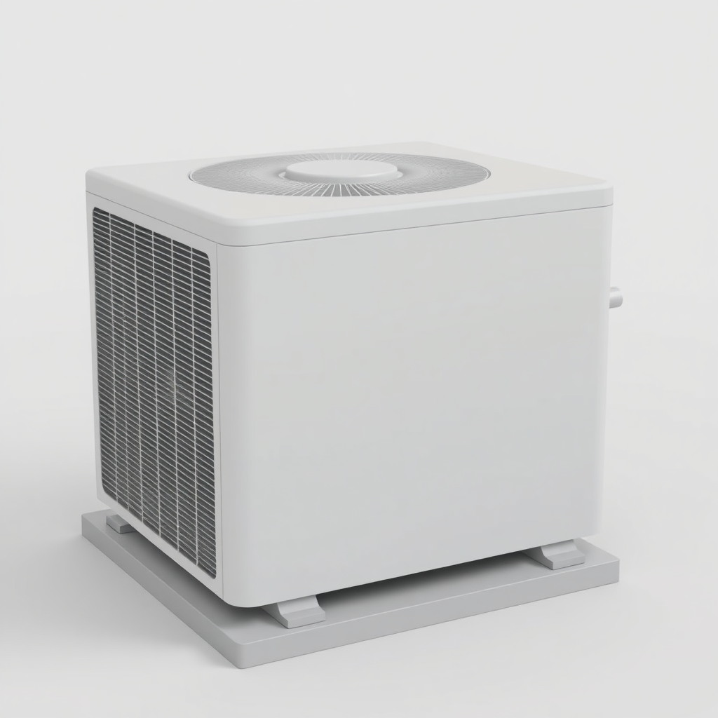 A simple, 3D model of a standard residential outdoor air conditioning unit or condenser. The unit should be placed on a flat surface. The unit should be a neutral color. Plain, uncluttered background. No text.