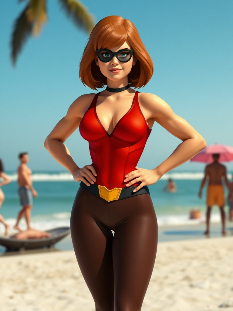 Generate a hyper-realistic full-body render. Subject: Velma Dinkley with a muscular build. Imagine a superhero physique with defined muscles and a V-shaped torso. Keep Velma's head intact. Modify the rest of her silhouette to reflect the new muscular build. The background should be an appropriate setting for a superhero.

**Specifications:**

* Full-body render
* Hyper-realistic
* Subject: Velma Dinkley
* Muscular build: superhero physique with defined muscles, V-shaped torso
* Head: keep original Velma Dinkley head
* Background: appropriate superhero setting
* Render format: image

**Character Reference:**

[Image of Velma Dinkley](https://static.wikia.nocookie.net/scoobydoo/images/d/d0/Velma_Dinkley_from_Scooby-Doo_on-the_Beach.png/revision/latest?cb=20200910230915)