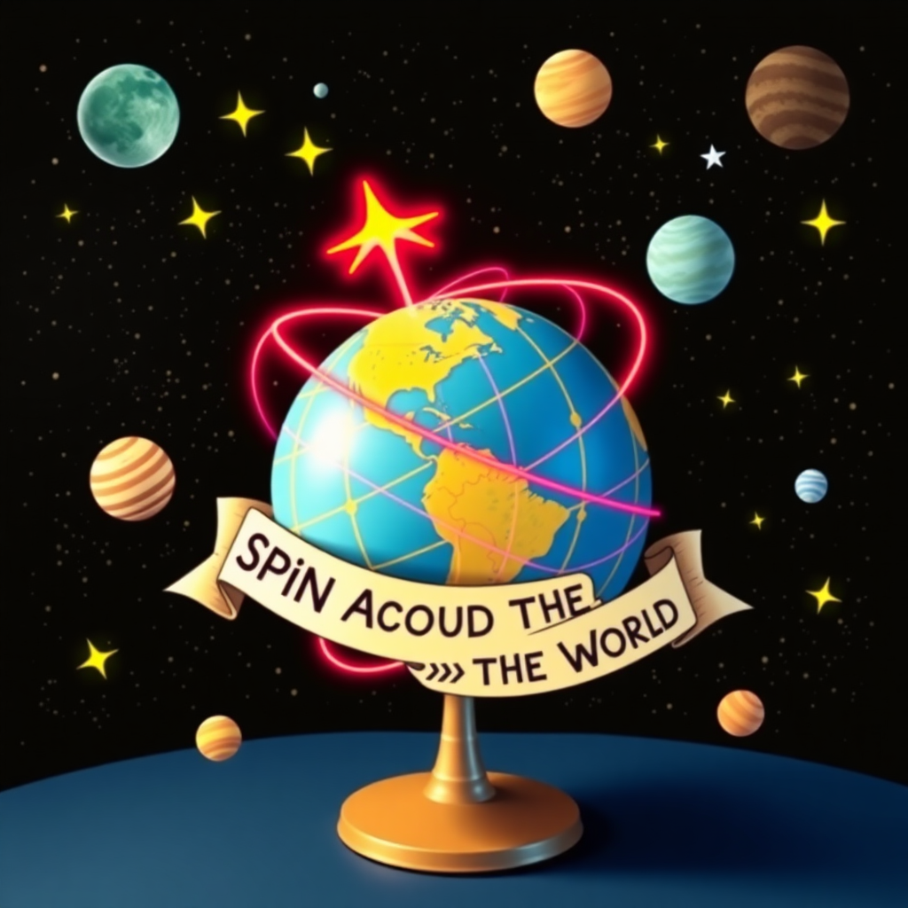 { An imaginative scene showing a globe with vibrant lines illustrating its axis, surrounded by stars and planets, with a banner saying, "Spin Around the World!" }