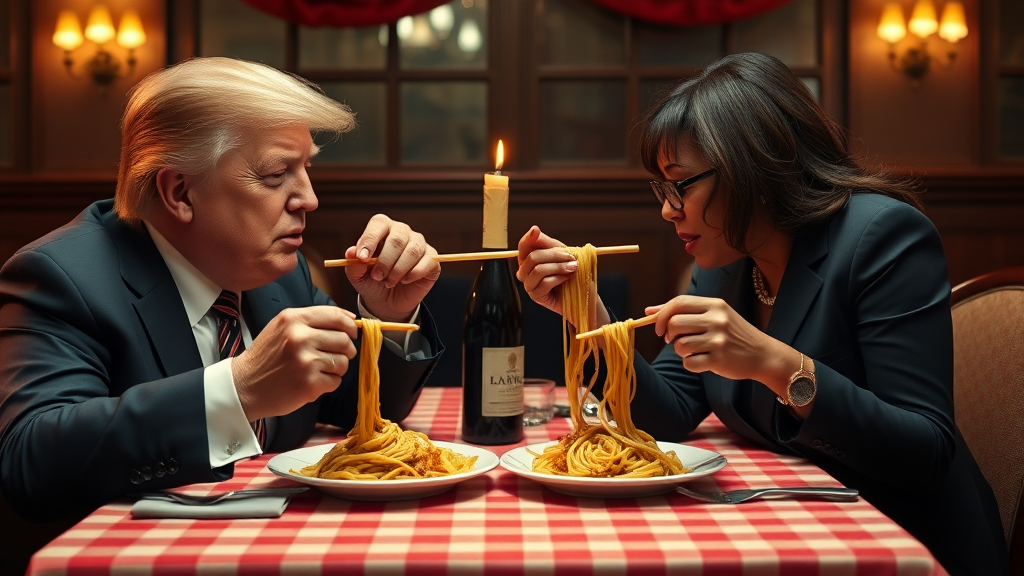 Photoreal style. ratio: 16:9. Donald Trump and Kamala Harris eating in an Italian restaurant a la the one in 'Lady and the Tramp.' Checkered tablecloth, Chianti bottle used as a candle holder. Both humans are eating spaghetti from one shared plate with their hands, and end up eating the same long piece of spaghetti, making their heads very close.