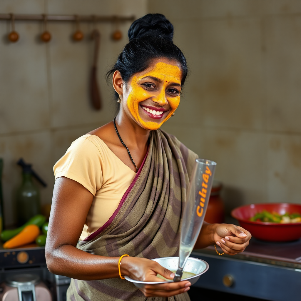 A skinny, happy, traditional, 30 year old, Indian wife with a covered hair bun, wearing a blouse, skirt and a short towel on her shoulder. She is preparing food in the kitchen. Her face is covered with turmeric face mask.