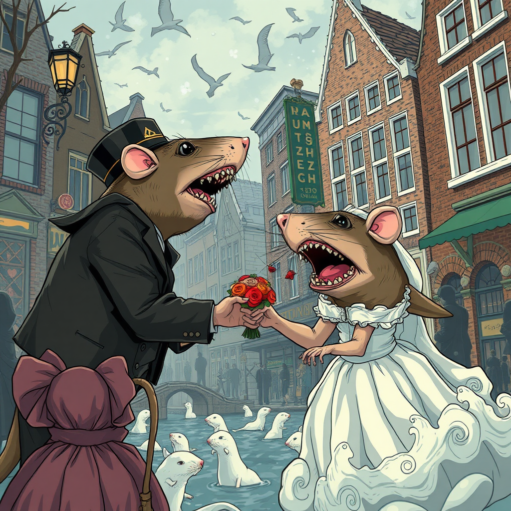 A rat wedding being attacked by hammerhead sharks, no text, Lovecraftian , in Amsterdam , steam punk ,2010s harem anime