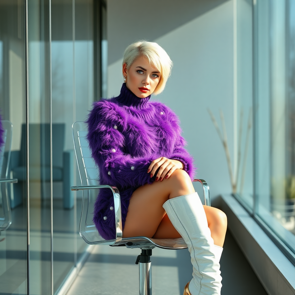 Sunny spring morning, modern glass-steel-concrete office, sitting on glass chair at wall, waiting for the master: O., European 17 years old very convincing femboy “trophy-bimbo”, tamed servile docile, very beautiful feminine flawless face, rather short boyish figure, platinum blond short tight curls, bold red lips, heavily made-up face, long French nails, wearing Supertanya-style chunky fluffy very fuzzy bright deep purple mohair figure-hugging turtleneck-knitdress with white pearl decoration, white vinyl thigh-high boots with golden heels, pearl earrings, serious, leaning forward presenting her assets, arrogantly looking at camera.