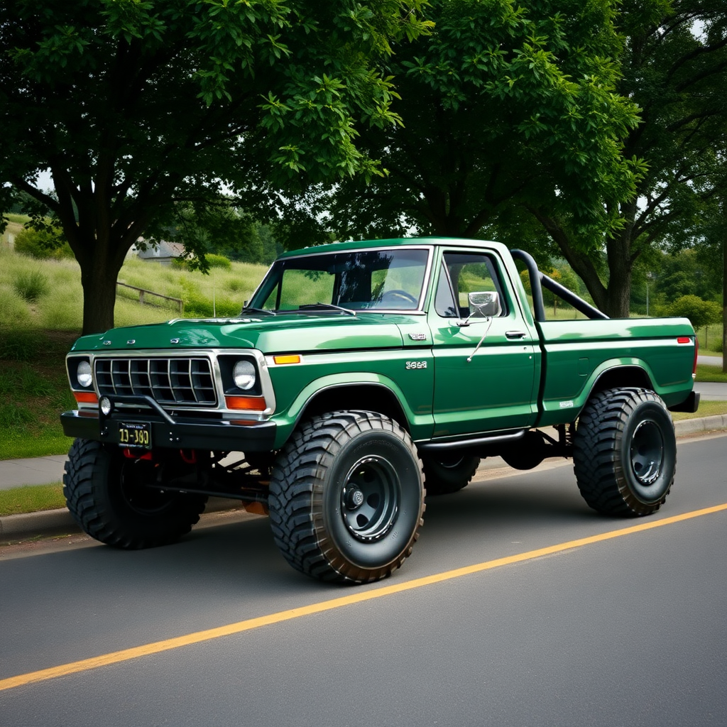 the car is parked on the side of the road, inspired by Taiyō Matsumoto, tumblr, restomod, nd4, c4 ford 4x4 pick-up monster truck